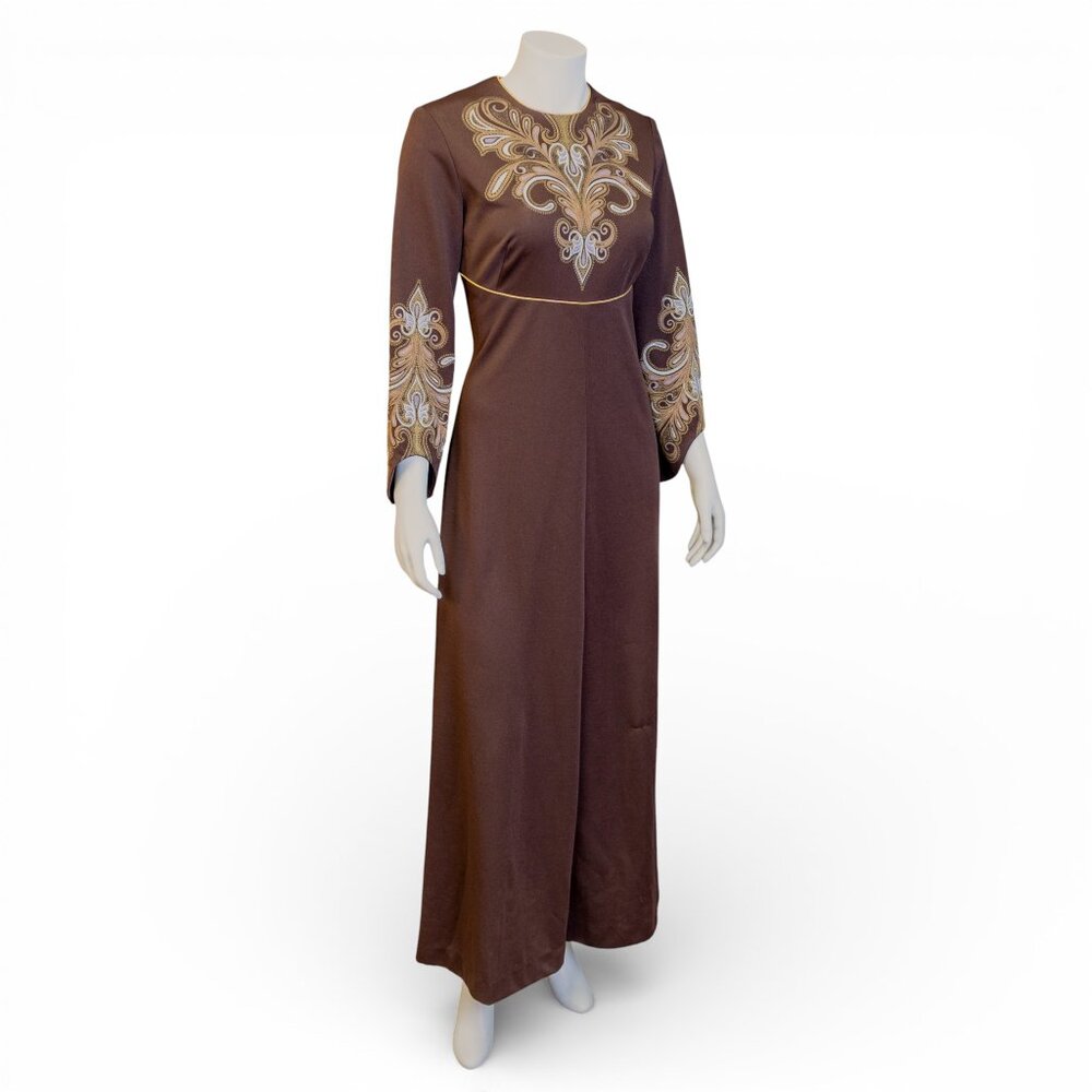 1960s Vintage Alfred Shaheen Maxi Dress – Brown Ornate Print – Medium